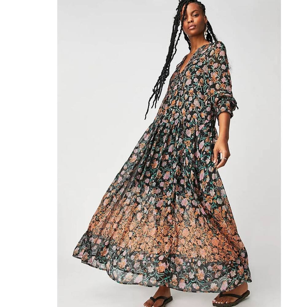 New Free People See It Through Maxi Dress $168 X-SMALL Black Floral Boho